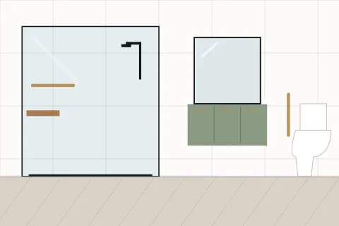 Curbless shower with a fold-down bench, grab bars and a wall-hung vanity