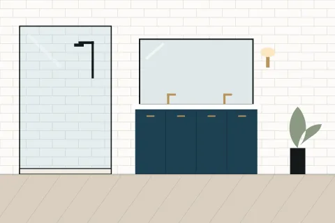 Bathroom with a tiled walk-in shower, a double vanity and a mirror wall