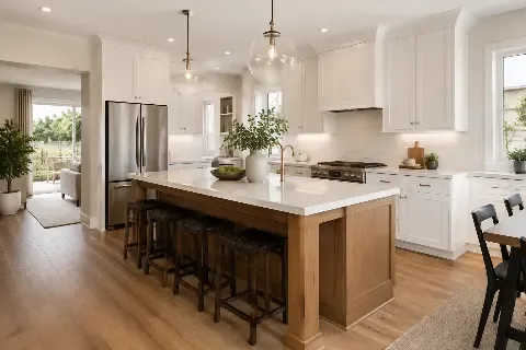 White shaker cabinetry with an oak island and stainless steel appliances