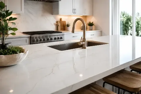 Quartz countertop with an undermount sink and waterfall edge