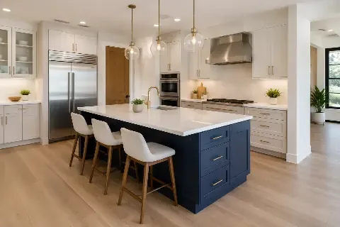 Island with seating for four and pendant lights above