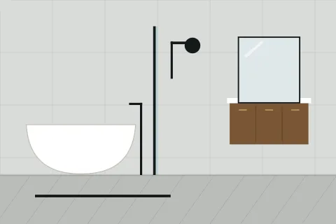 Wet room with a level floor, a linear drain, a glass screen and a freestanding tub
