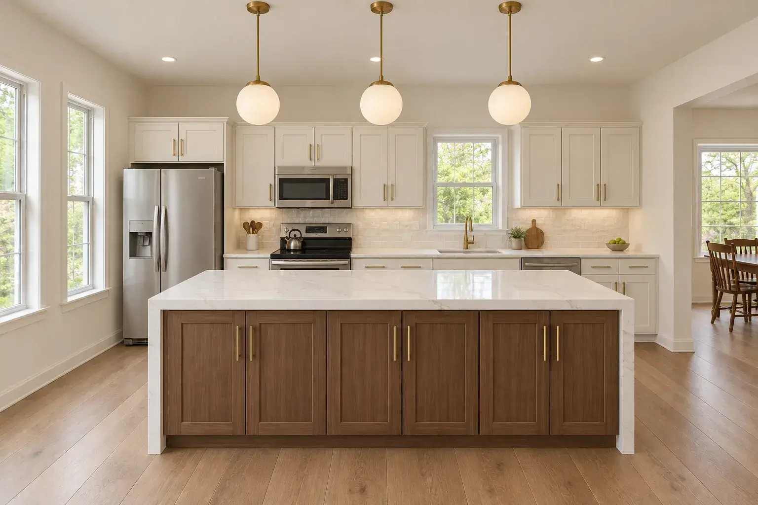The same room finished with a walnut island