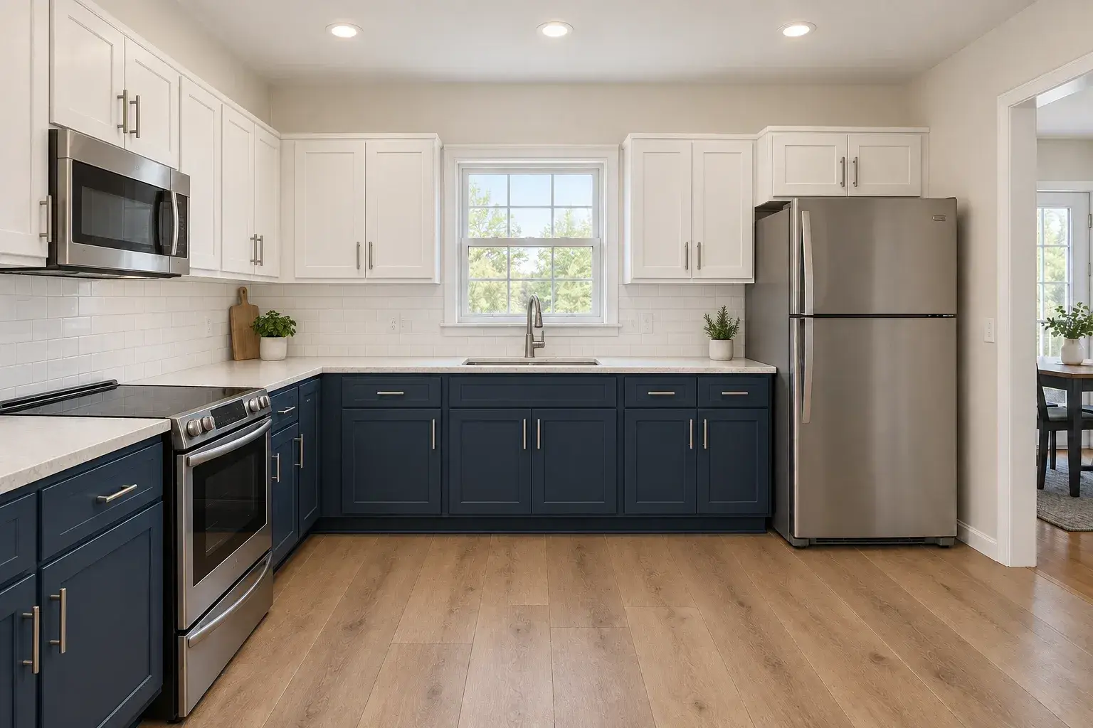 The same room after, with navy cabinetry