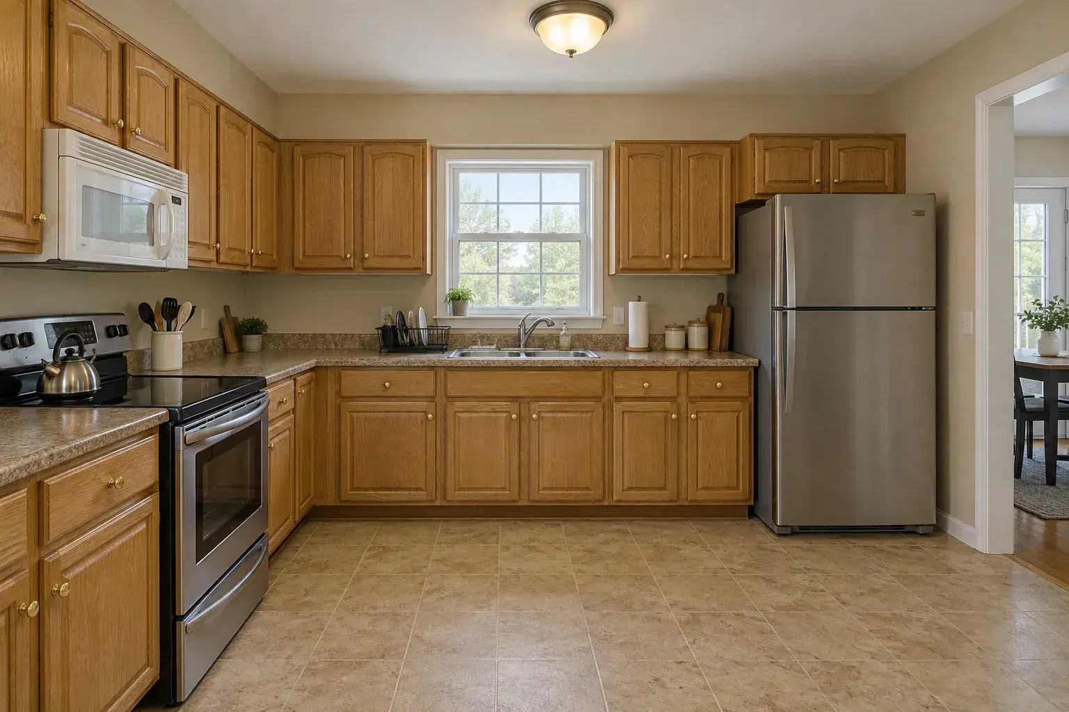Honey oak cabinetry before the renovation