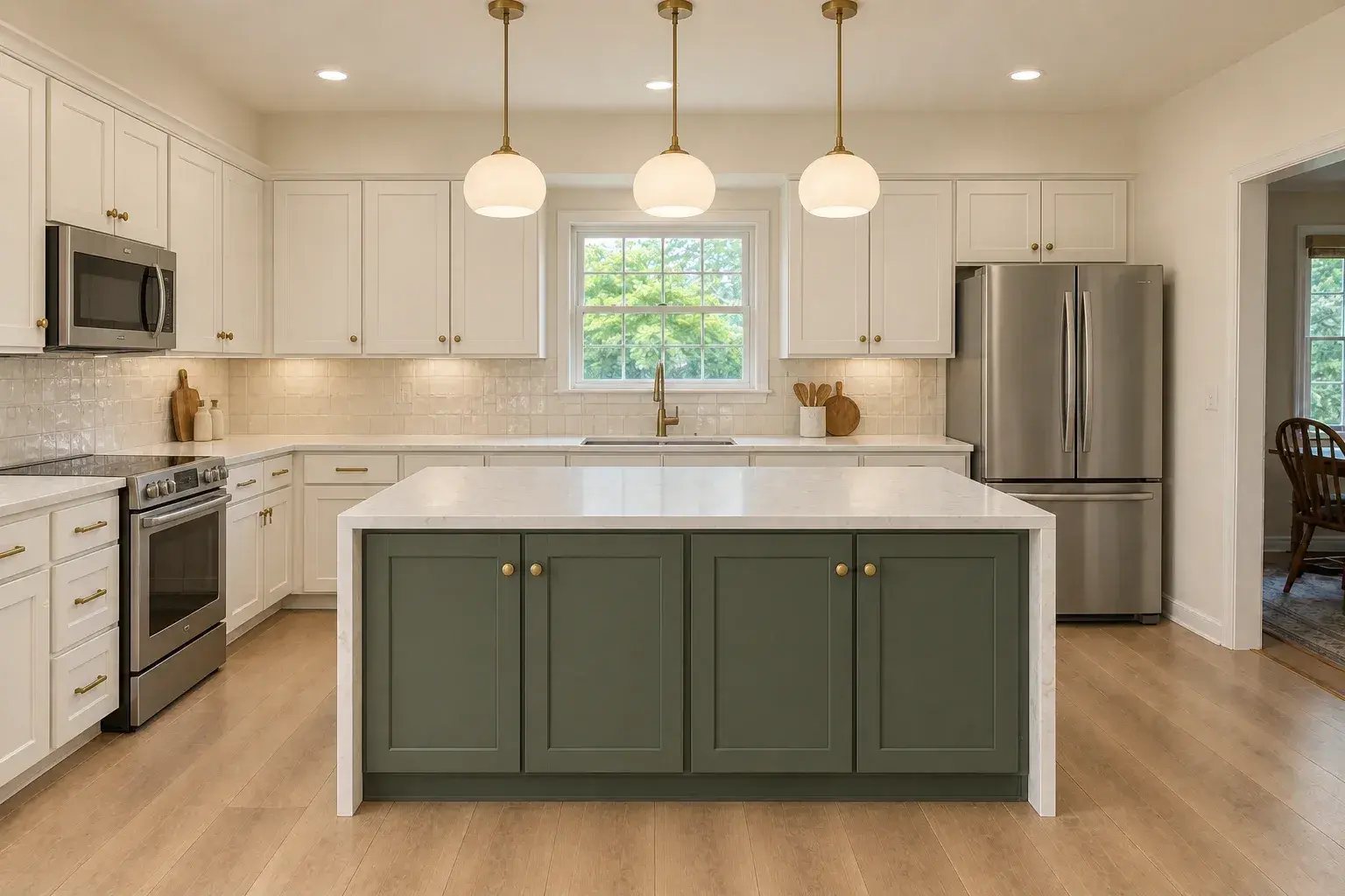 The same room after, with white shaker cabinets and an oak island