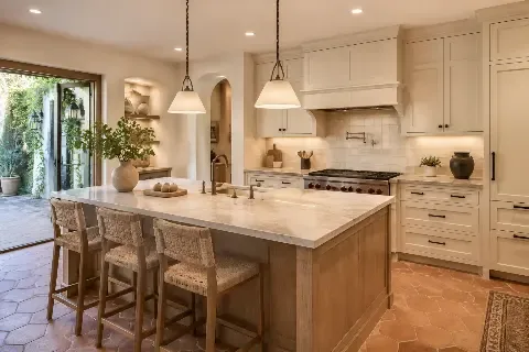 Kitchen with a wood-topped island, pendant lights and doors open to a patio