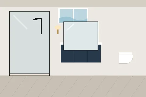 Lower-level bathroom with a glass shower, a floating vanity and a window well