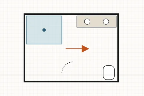 Reconfigured bathroom plan with the shower, vanity and toilet in new positions