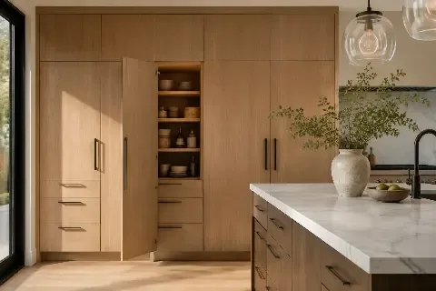 Shop-built inset and frameless boxes made to the real wall dimension, scribed and set on site.