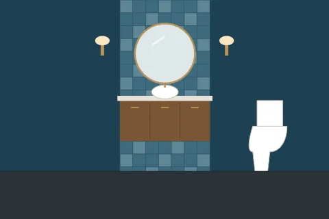 Powder room with a vessel sink, a round mirror and a wall sconce
