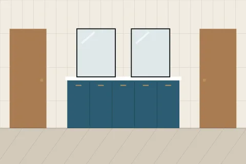 Shared bathroom with two sinks between two bedroom doors