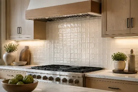 Full-height tile or matching slab, with substrate prep and outlet relocation planned into the layout.