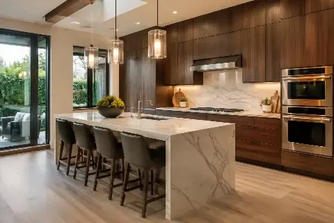 Inset cabinetry, natural stone, integrated appliances and second prep kitchens for view homes.