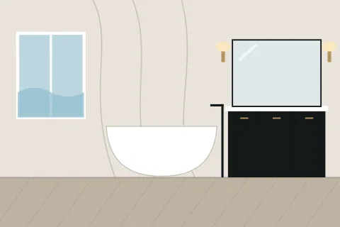 Primary suite bathroom with a freestanding tub, a stone wall and a double vanity
