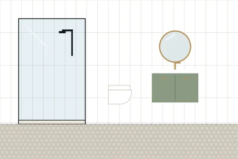 Small bathroom with a corner shower, a wall-hung toilet and a narrow vanity