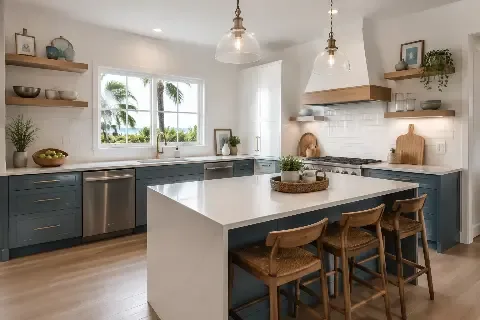 Kitchen with a navy island, white quartz counters and open shelving