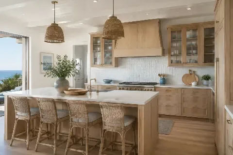 Coastal kitchen with woven pendants and a long island with seating facing the ocean