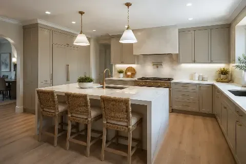 Kitchen with a white stone island, woven counter stools and glass pendants