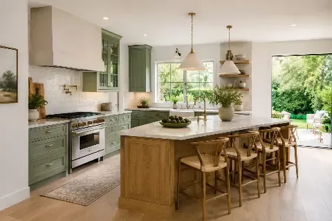 Kitchen with sage green cabinetry, a wood island and doors open to a garden