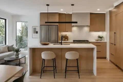 Kitchen with a walnut and white island, bar stools and a bright living area beyond