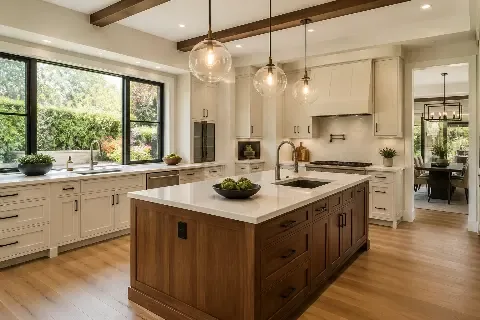 Kitchen with a dark wood island, a beamed ceiling and garden windows