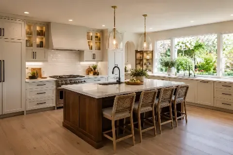 Kitchen with a wood island, white cabinetry and a wall of garden windows