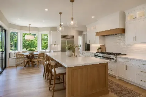 Kitchen with a pale stone island, wood cabinetry and an arched window bay